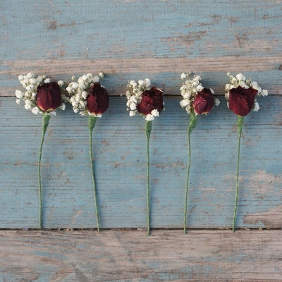 Babys Breath Red Rose Dried Flower Wired Stems Set of 5