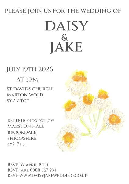 Pack of 12 Daisy Ammobium Wedding Invitations