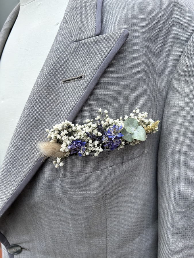 Meadow Blues Pocket Square Boutonniere